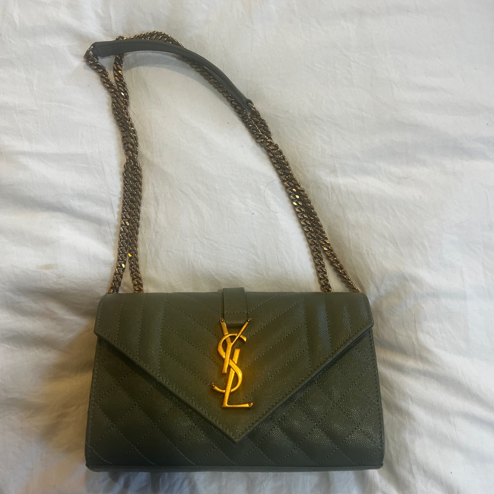Saint Laurent  Monogram Quilted Leather Envelope Shoulder Bag in Sage Green